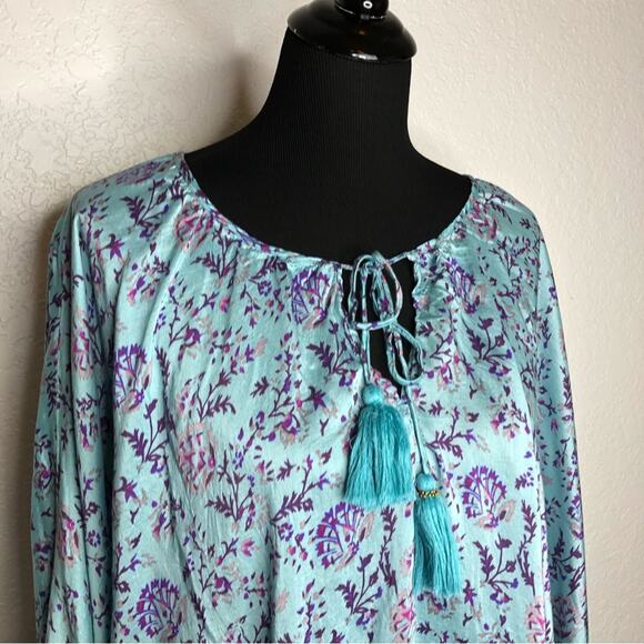 Sundance blue purple floral tassel tie silk blend top size Small - Picture 2 of 15